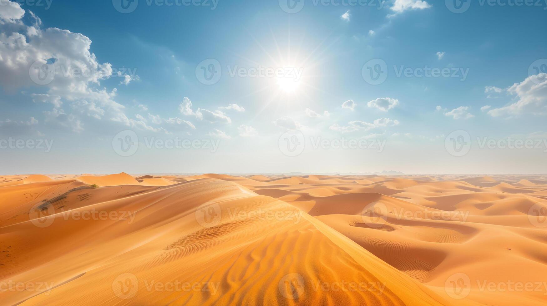 AI generated Scenic view of vast desert dunes with patterns of wind-swept sand under a bright sun in a cloud-dappled blue sky. photo