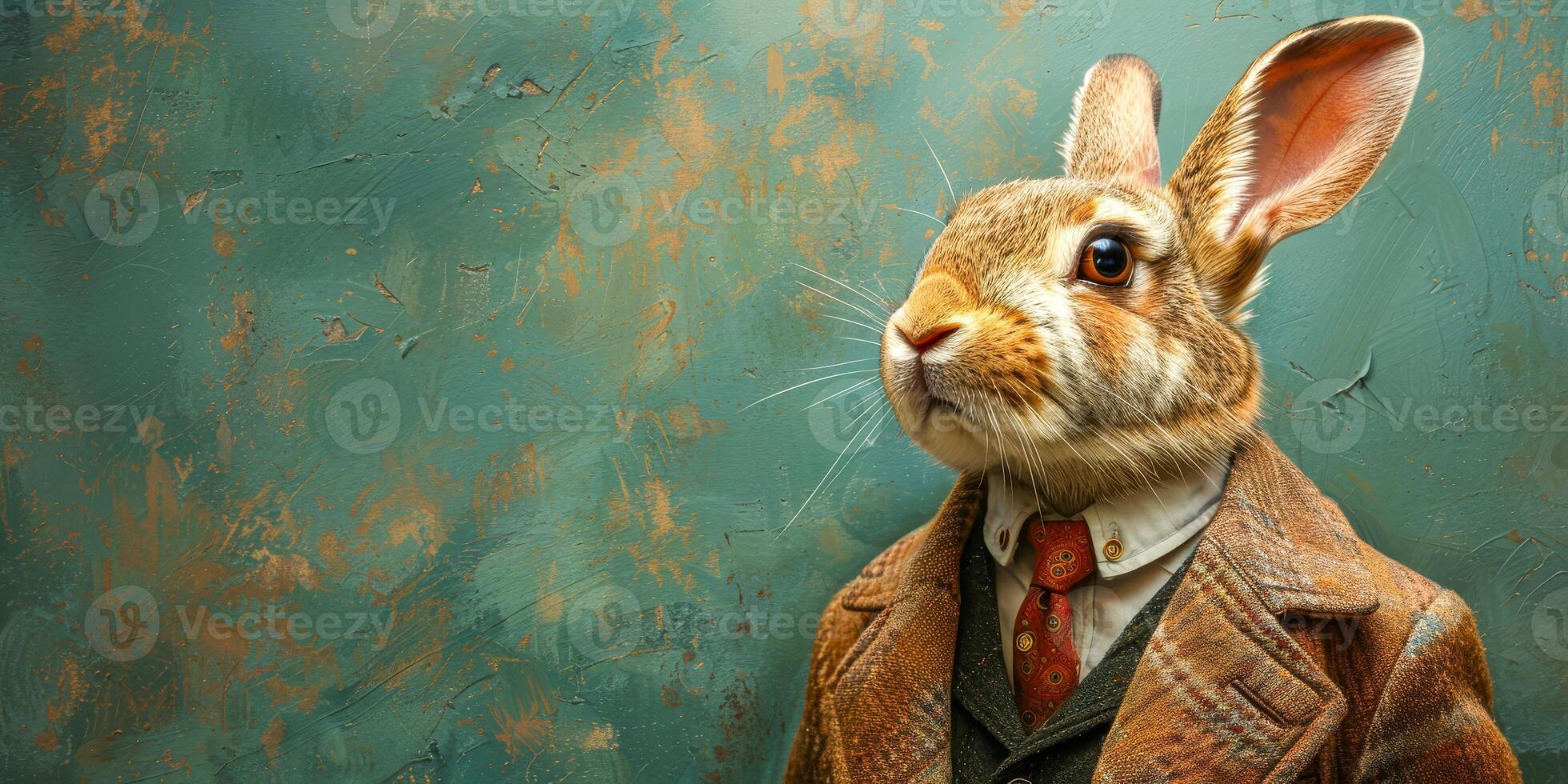 AI generated A rabbit is depicted wearing a formal suit and tie, exuding an air of sophistication and elegance. The rabbit appears poised and ready for a professional setting photo