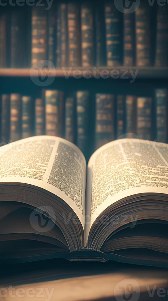 AI generated Literary focus Soft, vintage tone close up of an open book Vertical Mobile Wallpaper photo