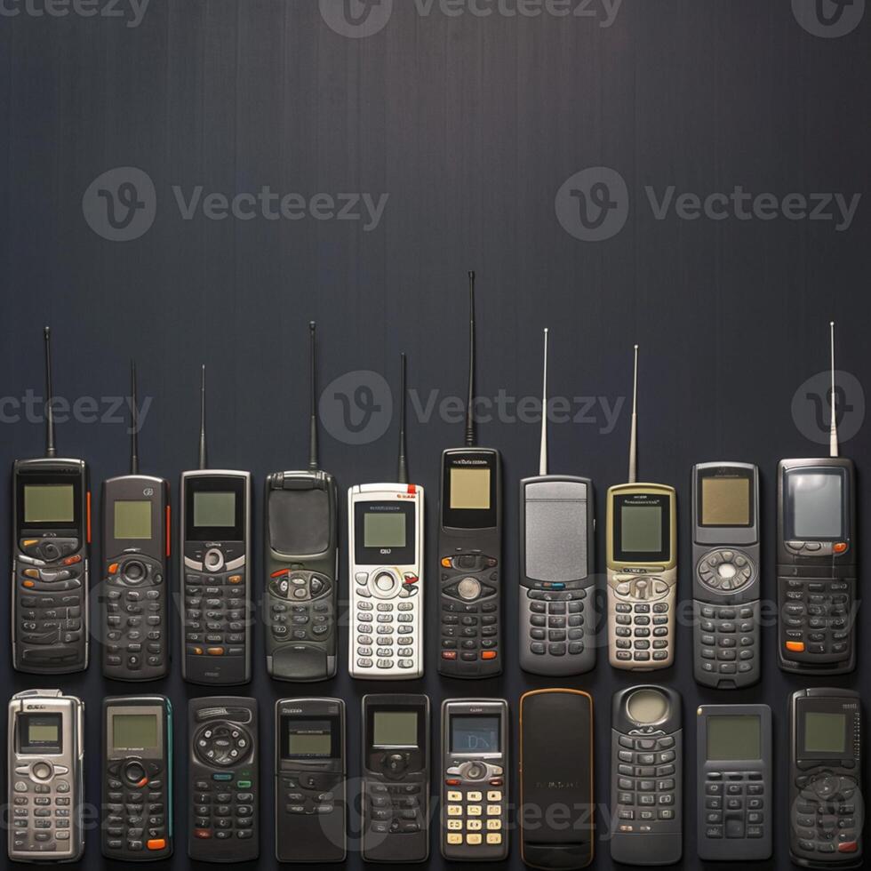 AI generated Tech nostalgia Old and obsoleted cellphones arranged on black backdrop For Social Media Post Size photo