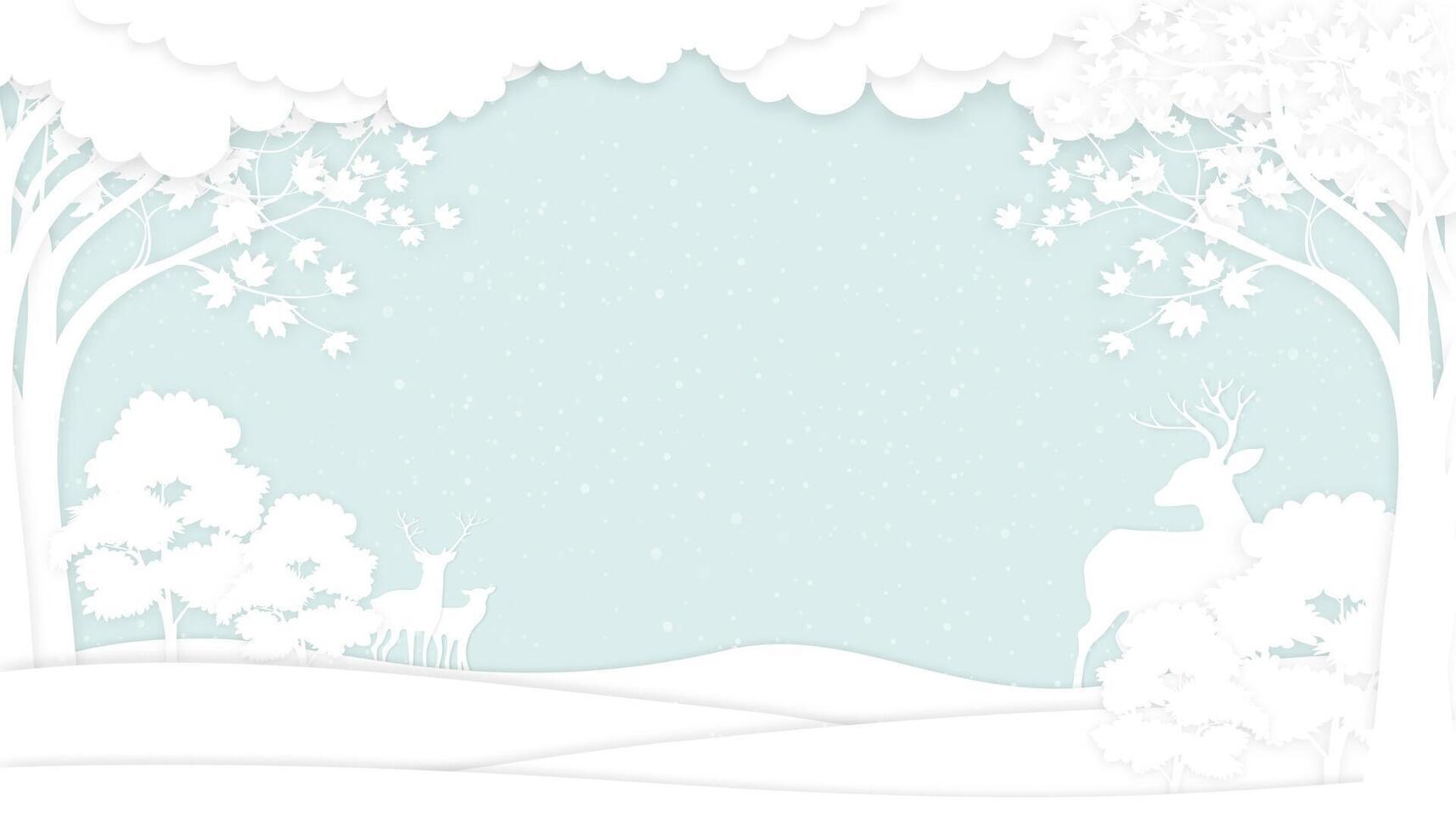 Navidad fondo, papel cortar invierno paisaje con Nevado en bosque árbol con reno familia y montaña, concepto para Navidad o nuevo año tarjeta 2025 vector