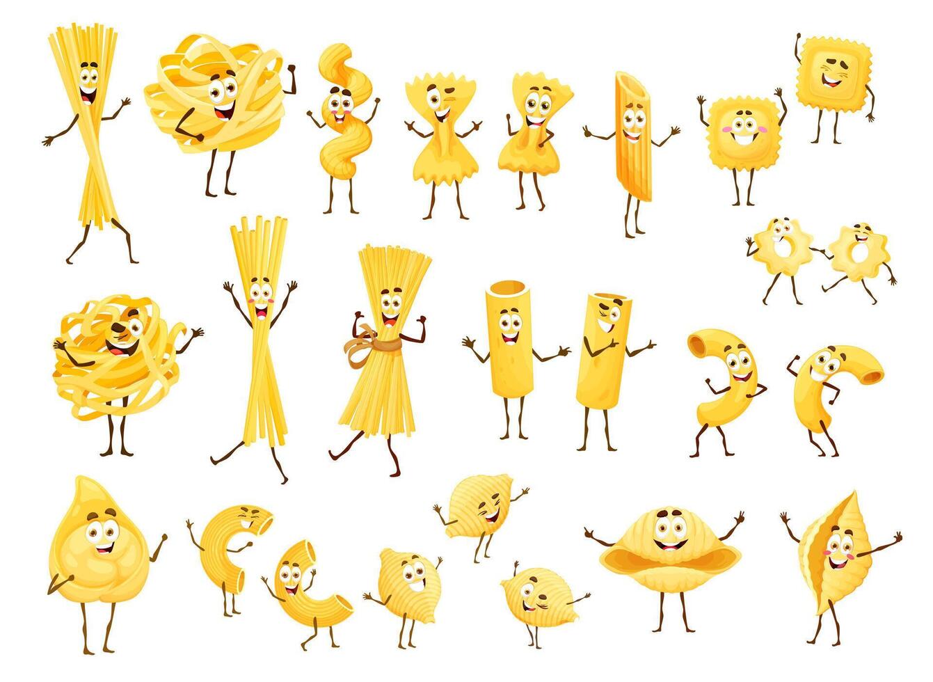 Cartoon pasta characters, Italian cuisine macaroni vector