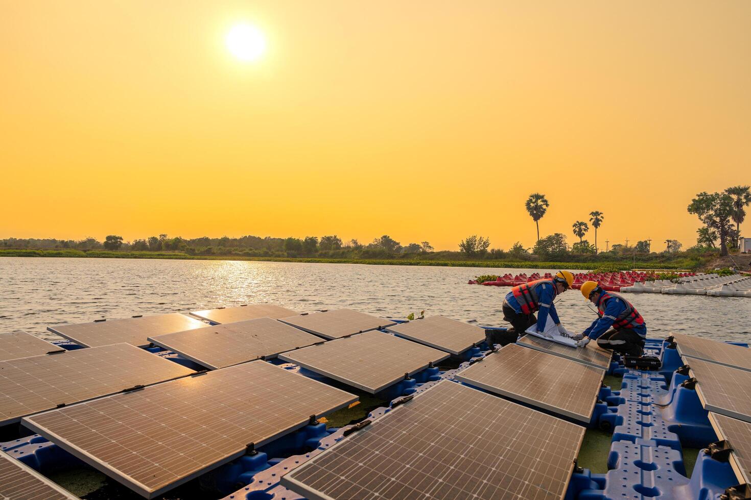 fotovoltaica ingenieros trabajo en flotante fotovoltaica. trabajadores inspeccionar y reparar el solar panel equipo flotante en agua. ingeniero trabajando preparar flotante solar paneles plataforma sistema en el lago. foto