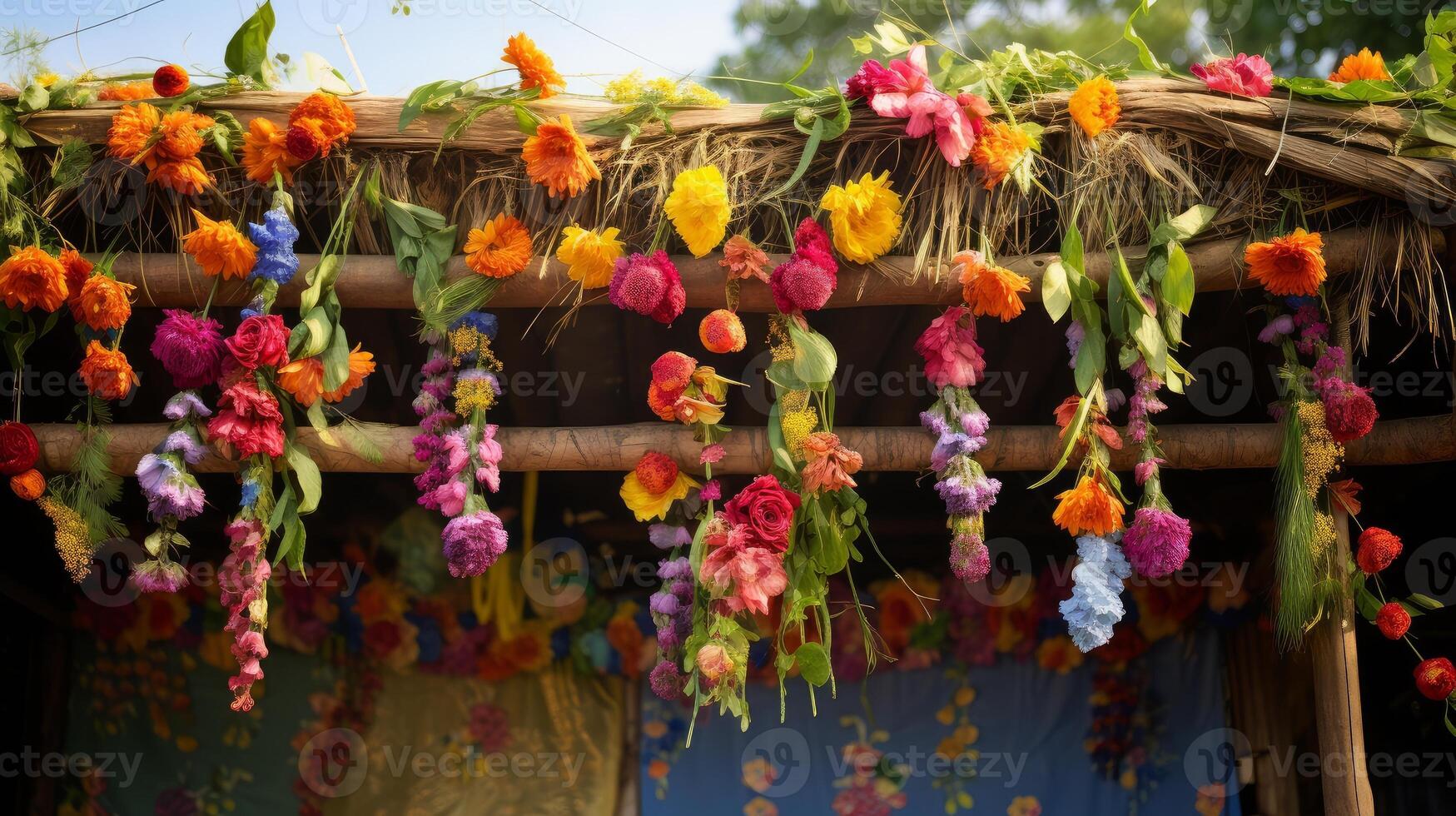 AI generated Close-up of a beautifully decorated sukkah on Shemini Atzeret. Generative AI photo