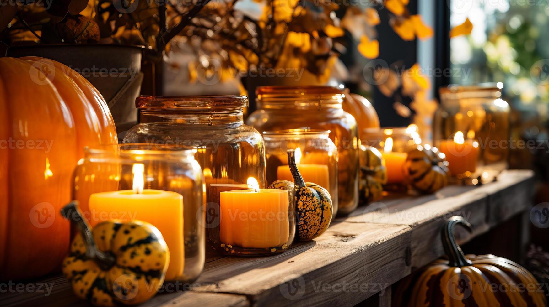 ai generado de cerca de con aroma a calabaza velas en vaso frascos. generativo ai foto