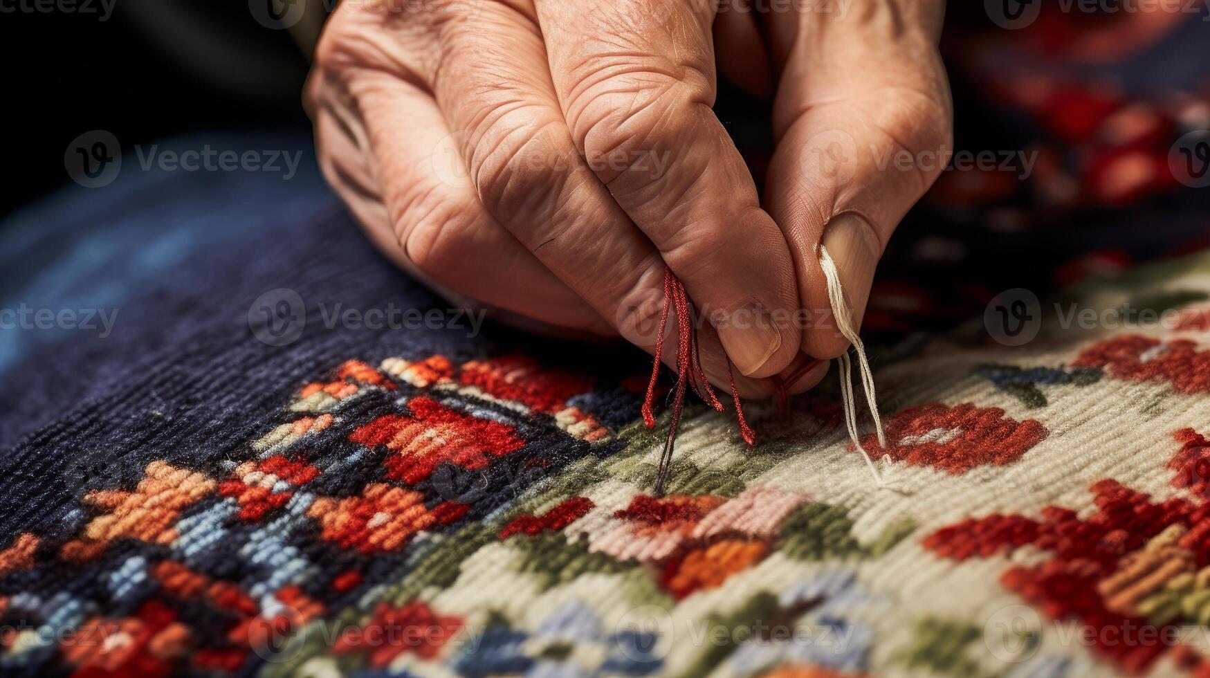 AI generated Hands needlepointing a tapestry, a meticulous and artistic craft. Generative AI photo