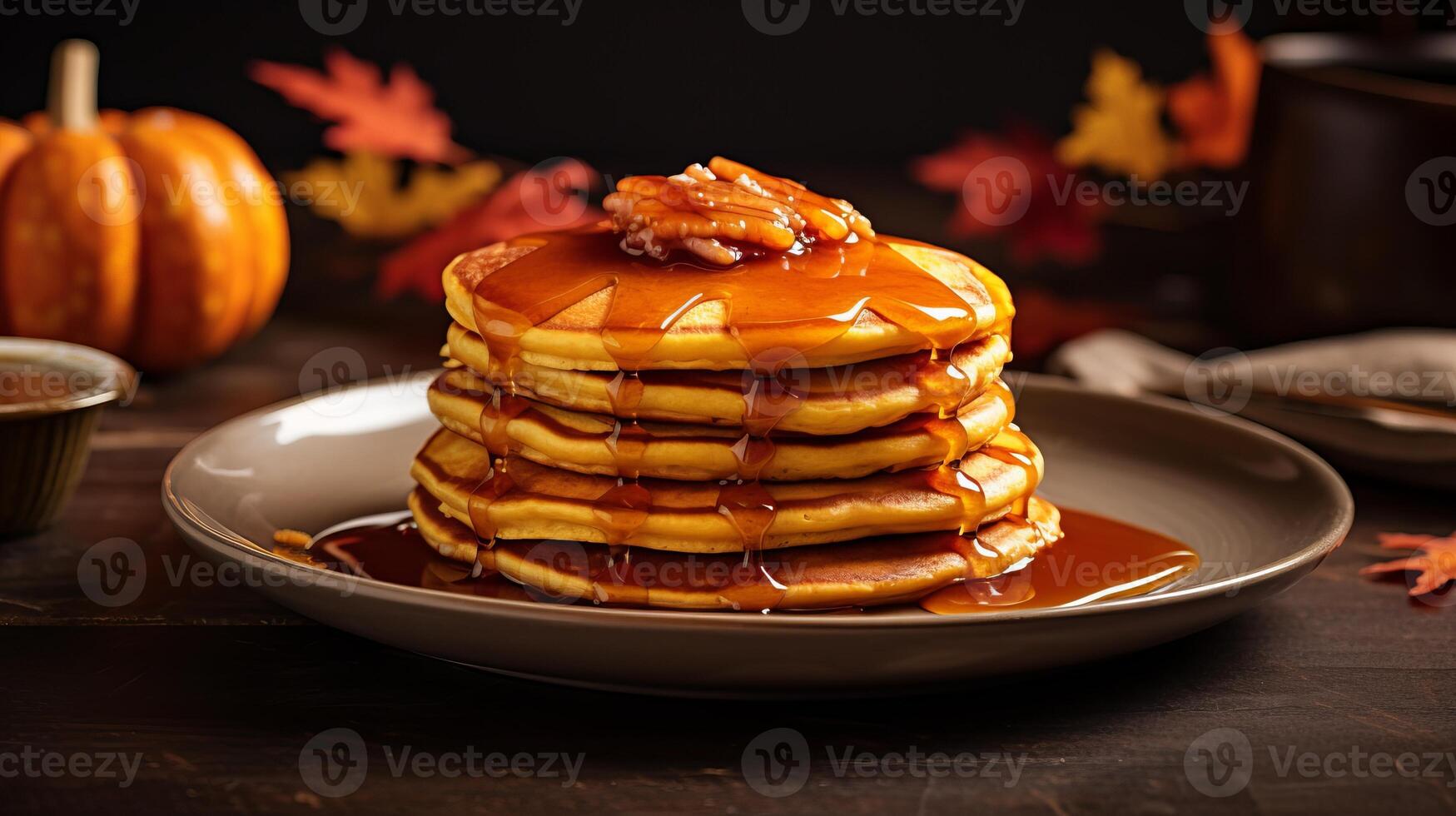 AI generated Pumpkin-flavored pancakes stacked high and drizzled with maple syrup. Generative AI photo