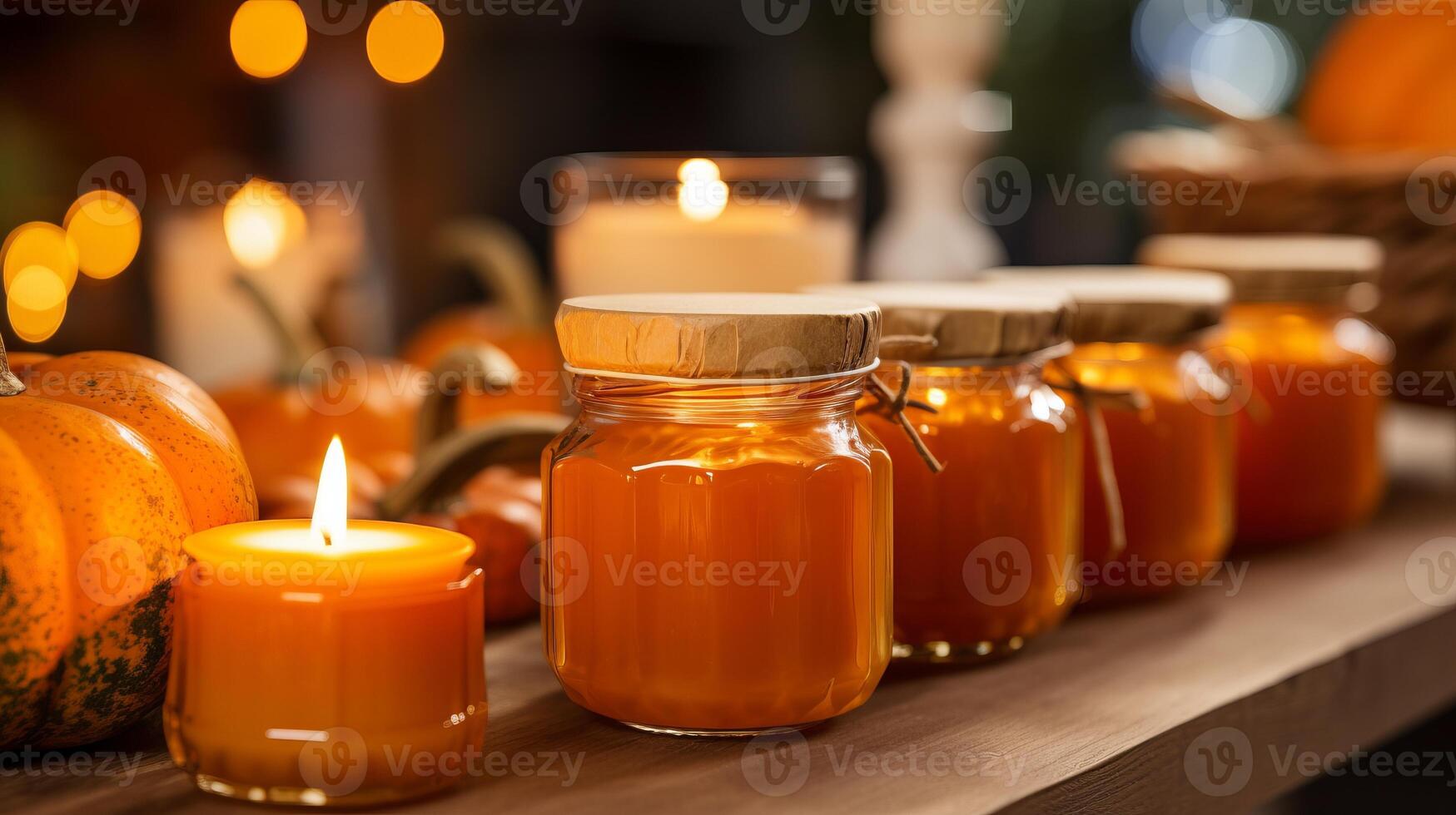 ai generado de cerca de con aroma a calabaza velas en vaso frascos. generativo ai foto