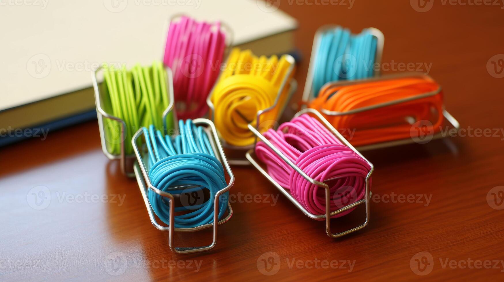 AI generated Yarn-wrapped paper clips, bringing a pop of color. Generative AI photo