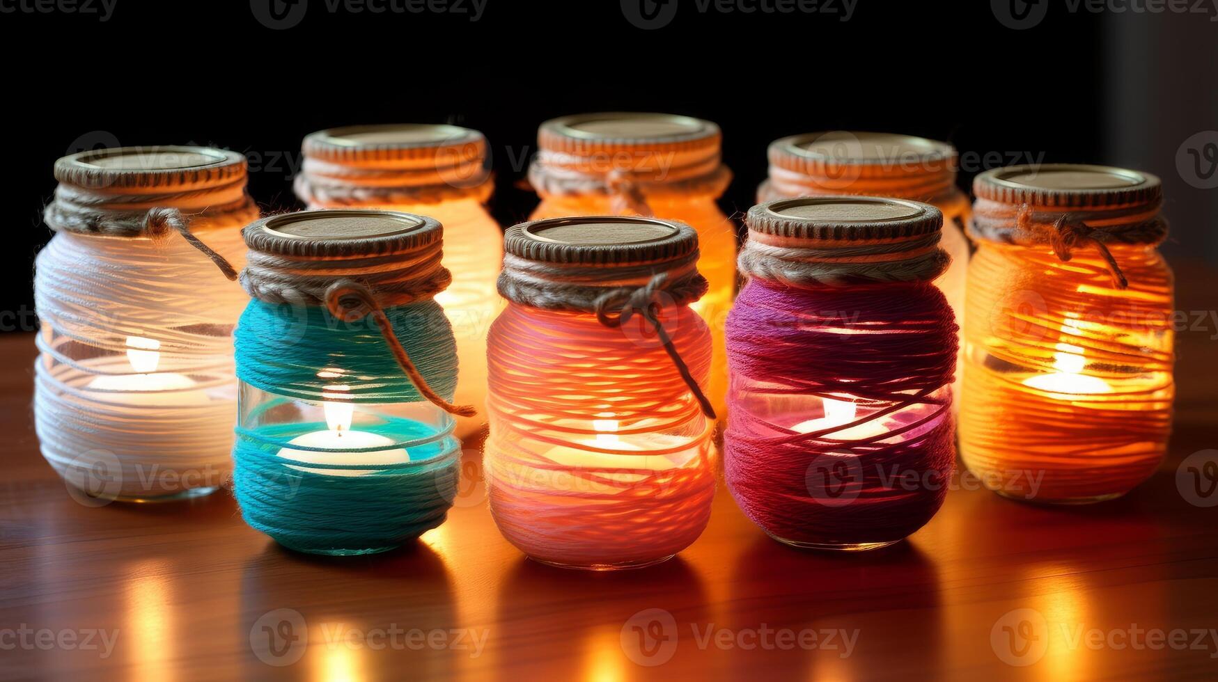 AI generated Yarn-wrapped mason jars stylish candle holders. Generative AI photo