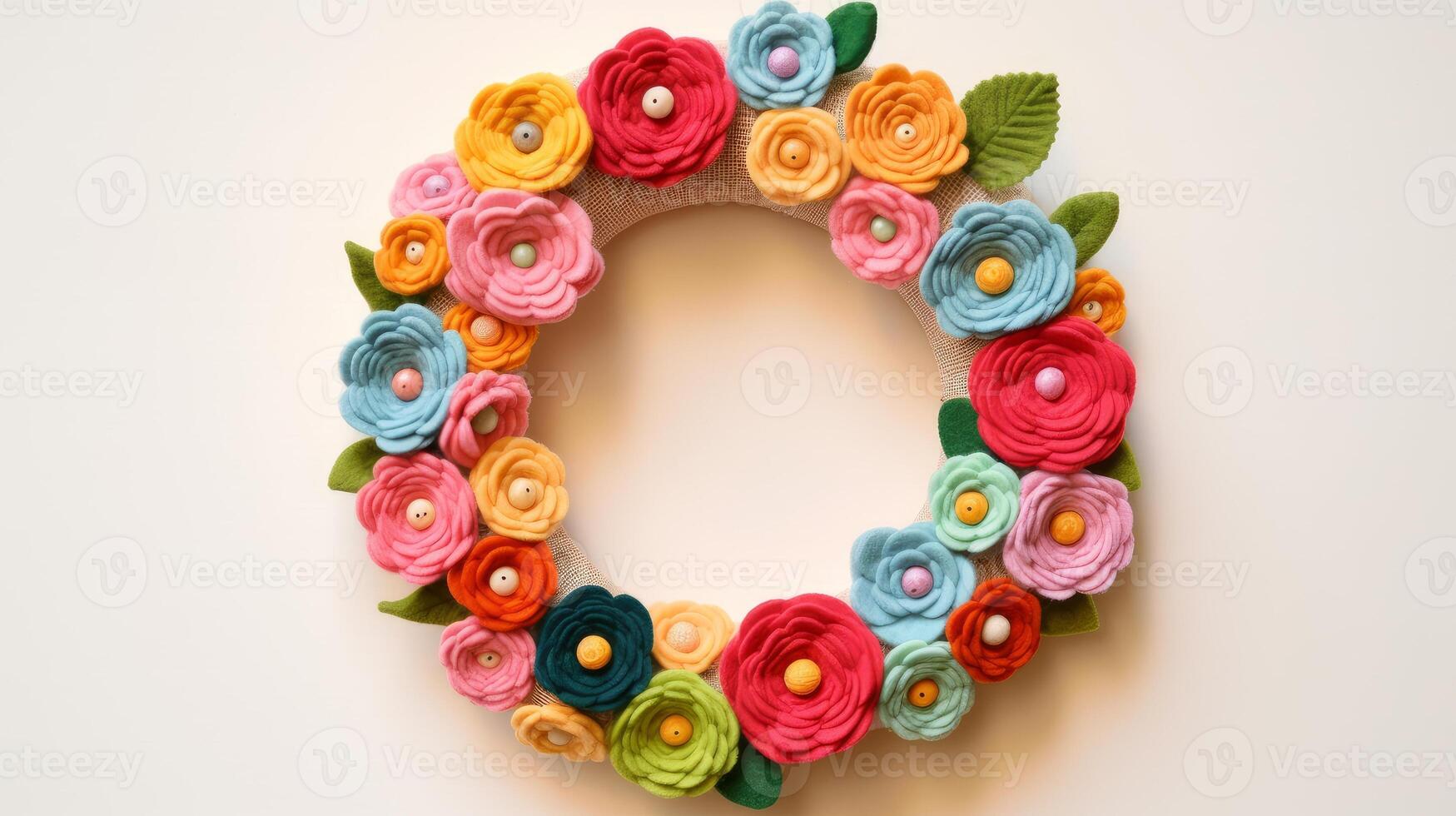 AI generated Yarn-wrapped wreath adorned with felt flowers. Generative AI photo