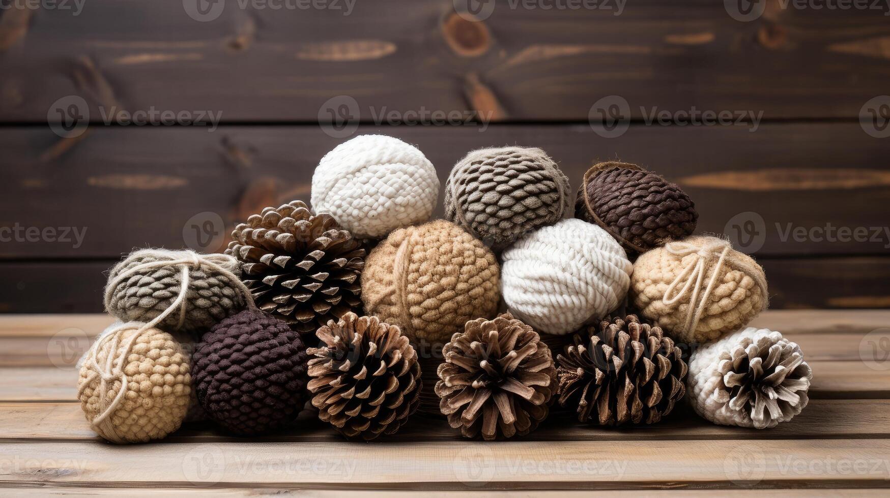 AI generated Yarn-wrapped pinecones, a natural and rustic home decoration. Generative AI photo
