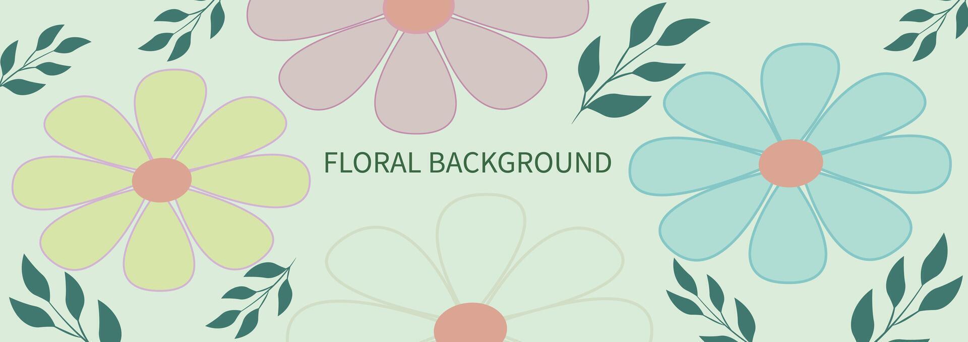Floral art background vector illustration. Floral trendy background, horizontal poster with flowers, daisies, leaes. Hand drawn floral vector template. Perfect for card, banner.