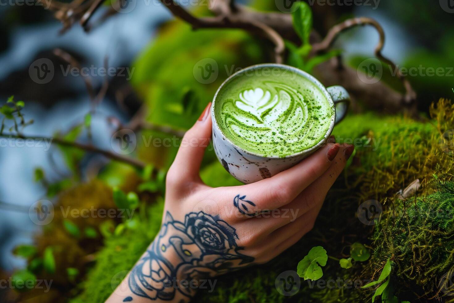 AI generated Tattoos Adorn a Pair of Hands Cradling a Cup of Zen-Inducing Matcha Latte, Merging Healthful Aura with Enchanting Aesthetics photo