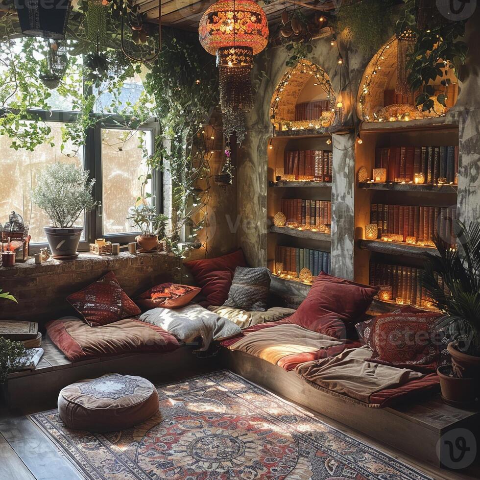 AI Generated Bohemian reading nook with floor cushions tapestries photo