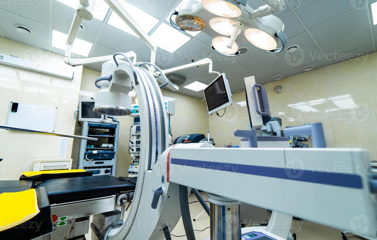 Medical robotic surgery machine. Modern automated medical device. Surgical room in hospital with robotic technology equipment, machine arm neurosurgeon. photo