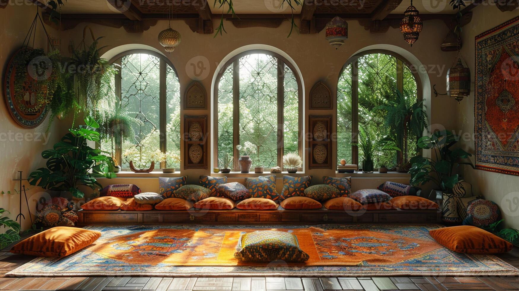 AI Generated Bohemian reading nook with floor cushions tapestries photo