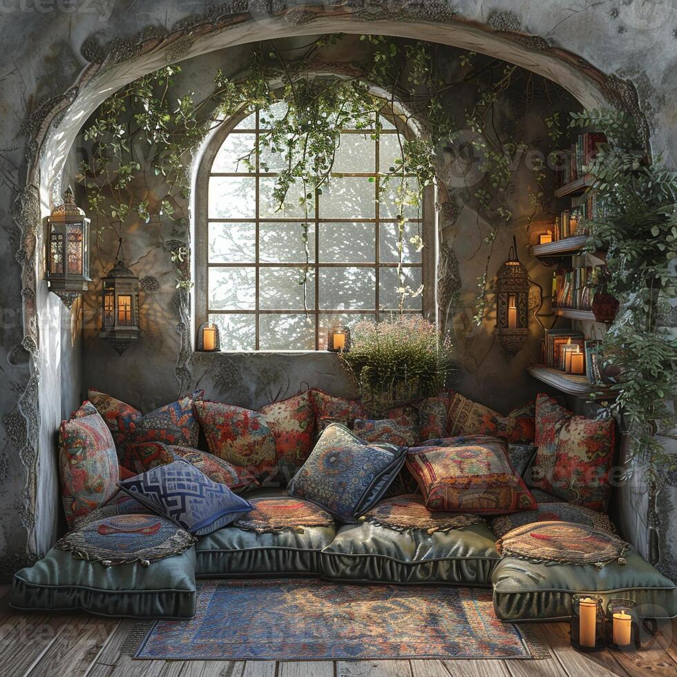 AI Generated Bohemian reading nook with floor cushions tapestries photo