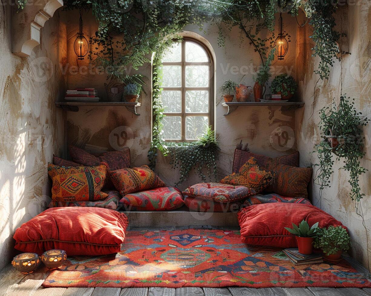 AI Generated Bohemian reading nook with floor cushions tapestries photo