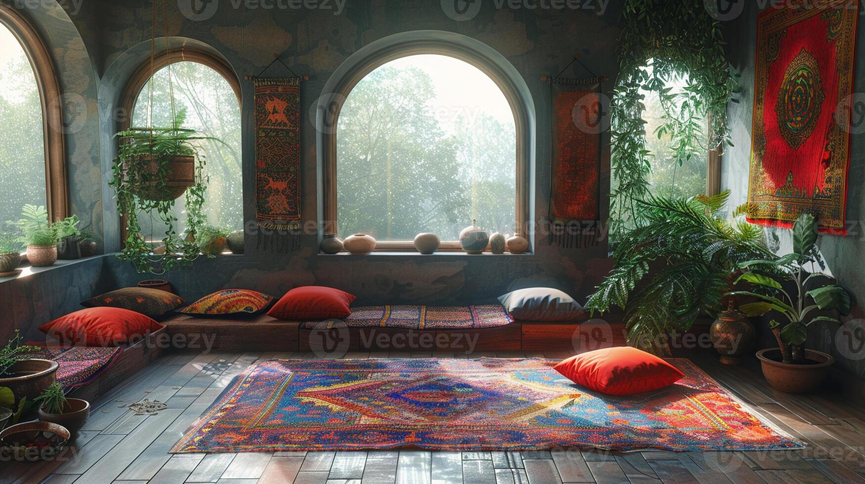 AI Generated Bohemian reading nook with floor cushions tapestries photo