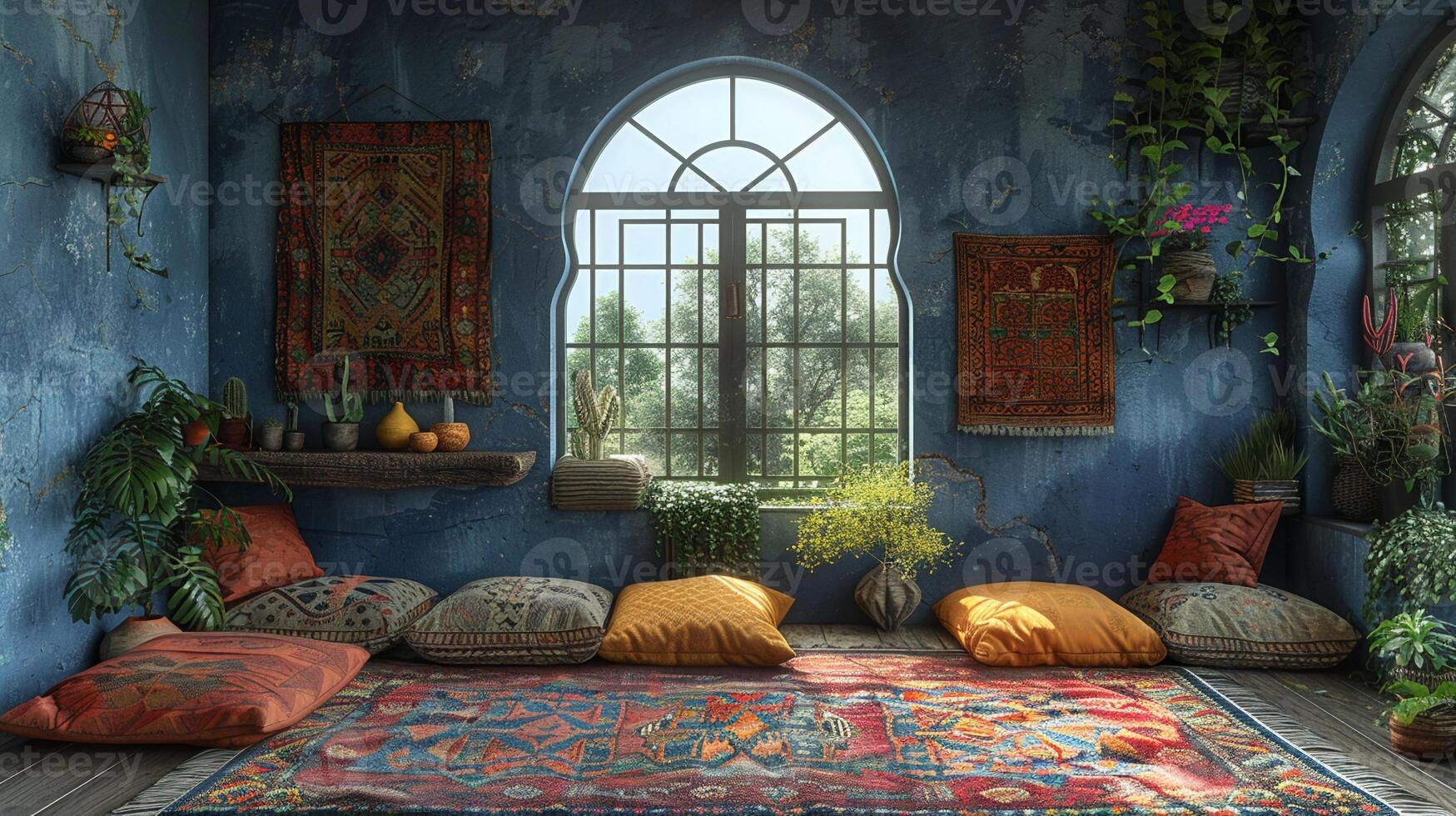 AI Generated Bohemian reading nook with floor cushions tapestries photo