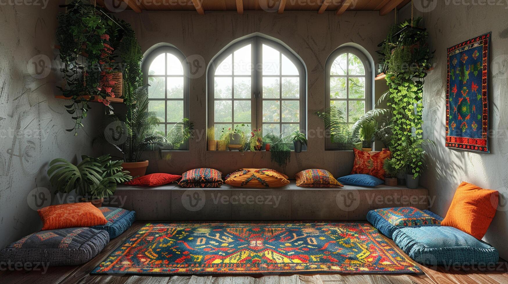 AI Generated Bohemian reading nook with floor cushions tapestries photo