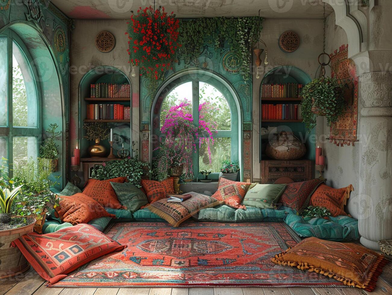 AI Generated Bohemian reading nook with floor cushions tapestries photo