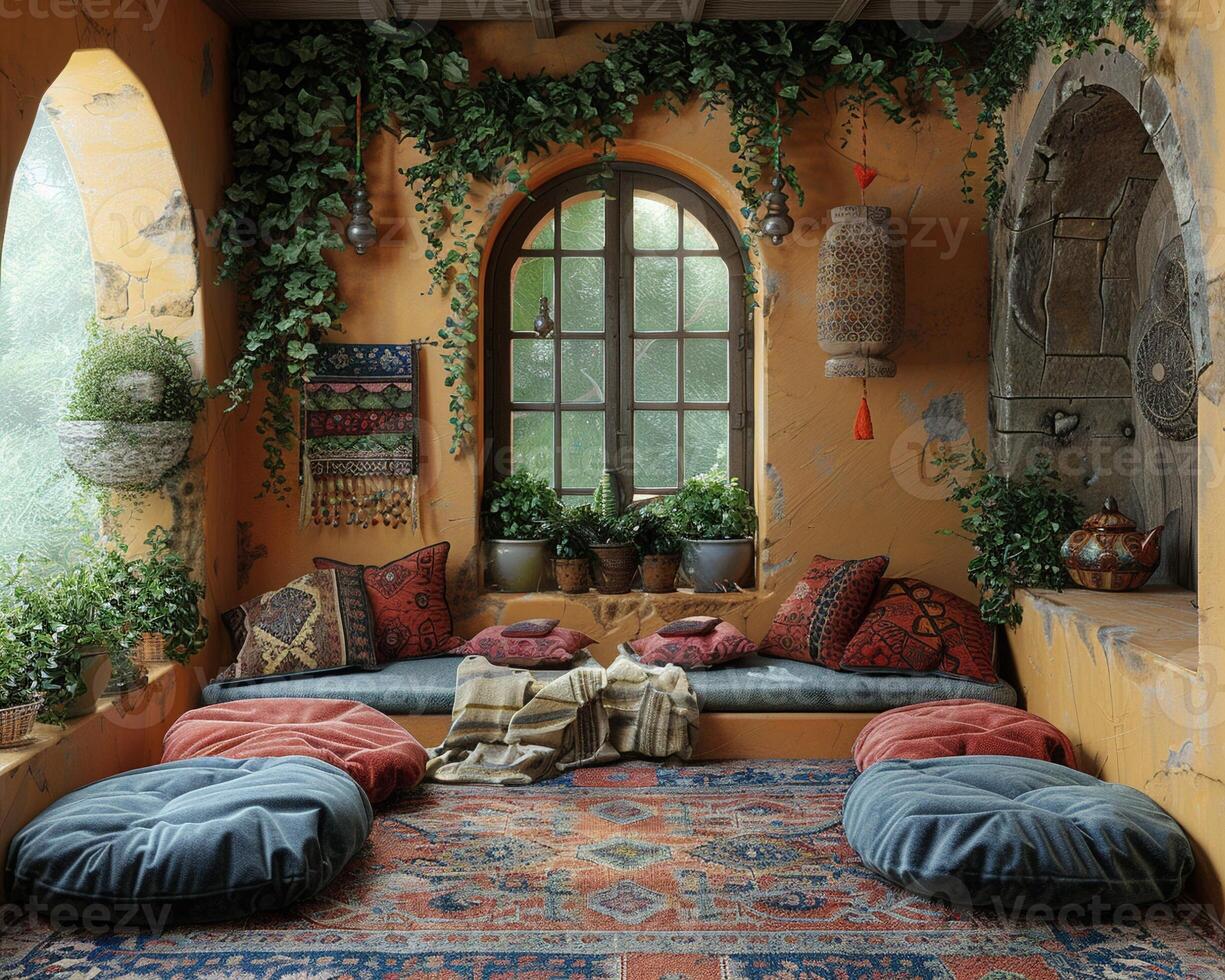 AI Generated Bohemian reading nook with floor cushions tapestries photo