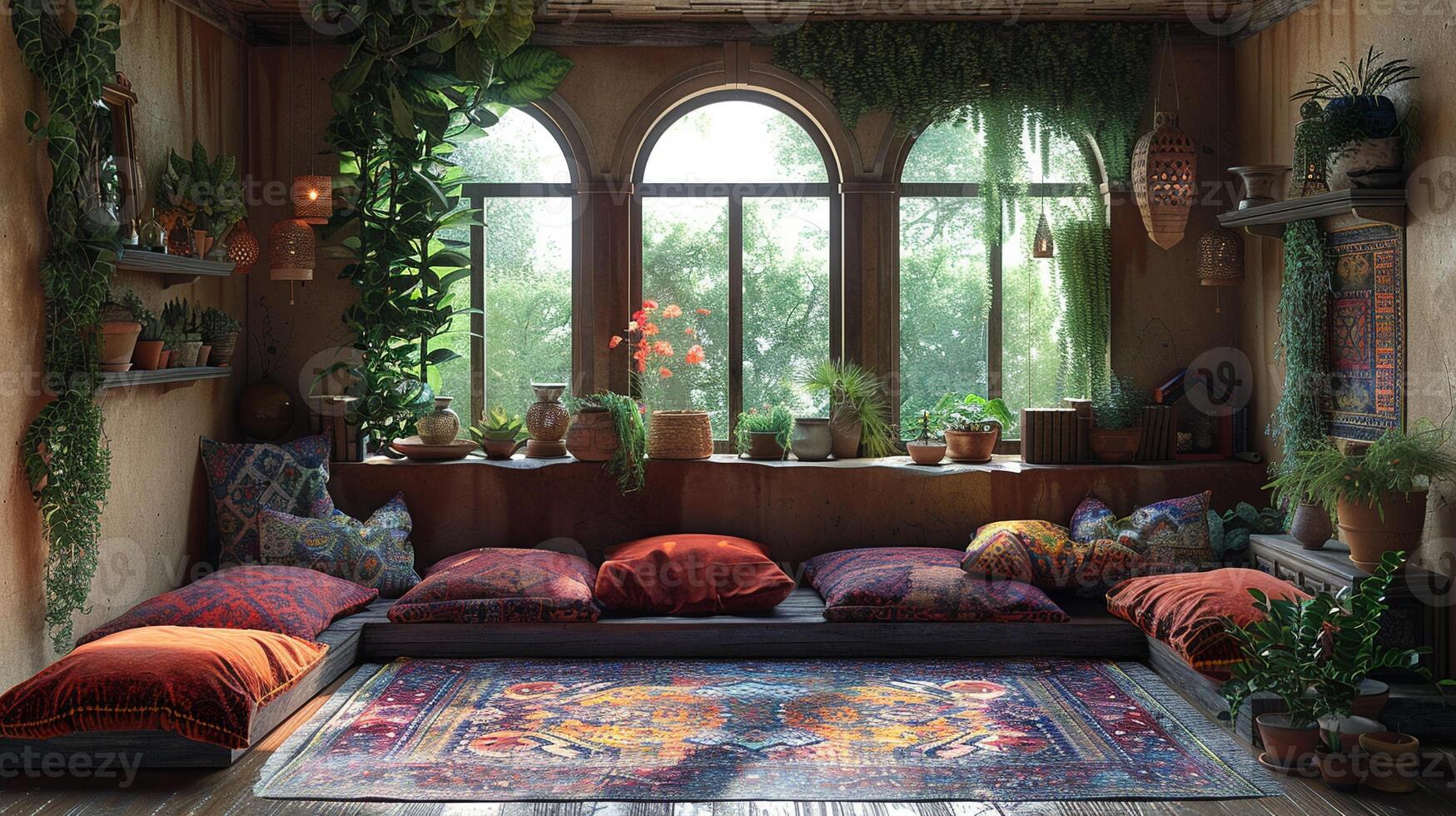 AI Generated Bohemian reading nook with floor cushions tapestries photo