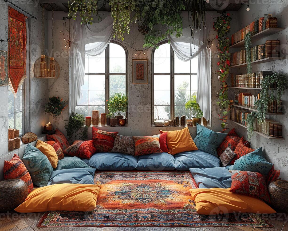 AI Generated Bohemian reading nook with floor cushions tapestries photo