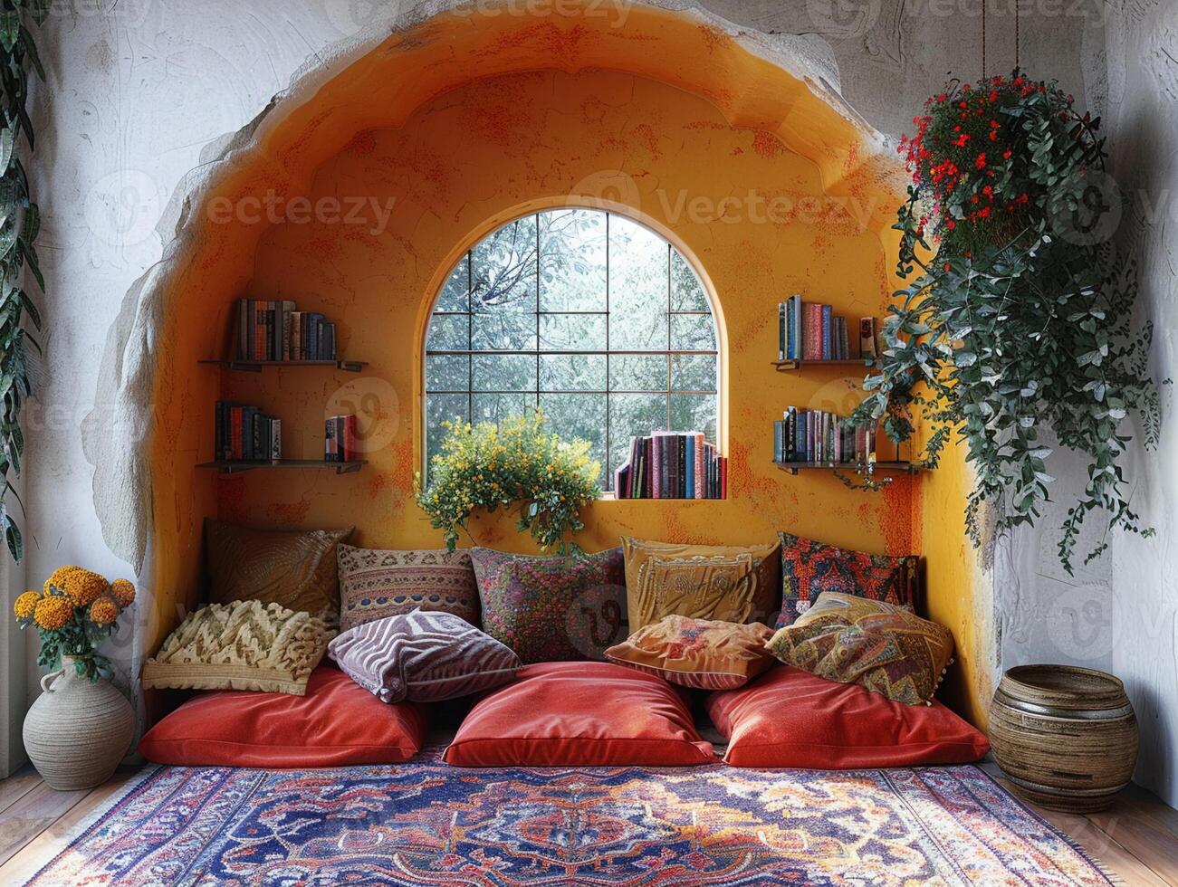 AI Generated Bohemian reading nook with floor cushions tapestries photo