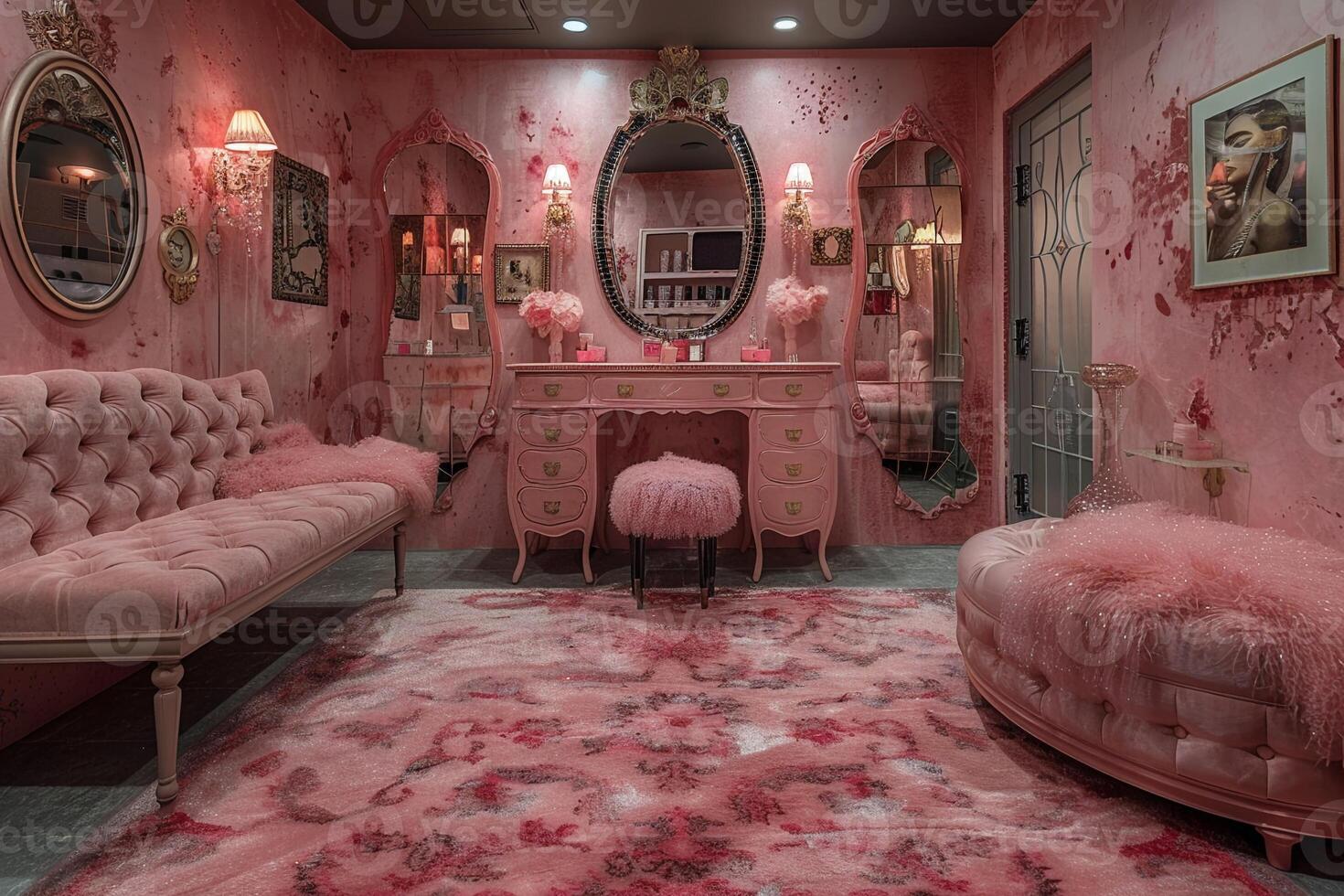 AI Generated Glamorous dressing room with a vintage vanity and soft photo