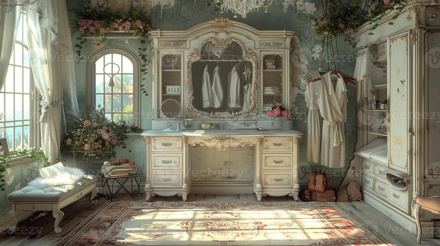 AI Generated Glamorous dressing room with a vintage vanity and soft photo