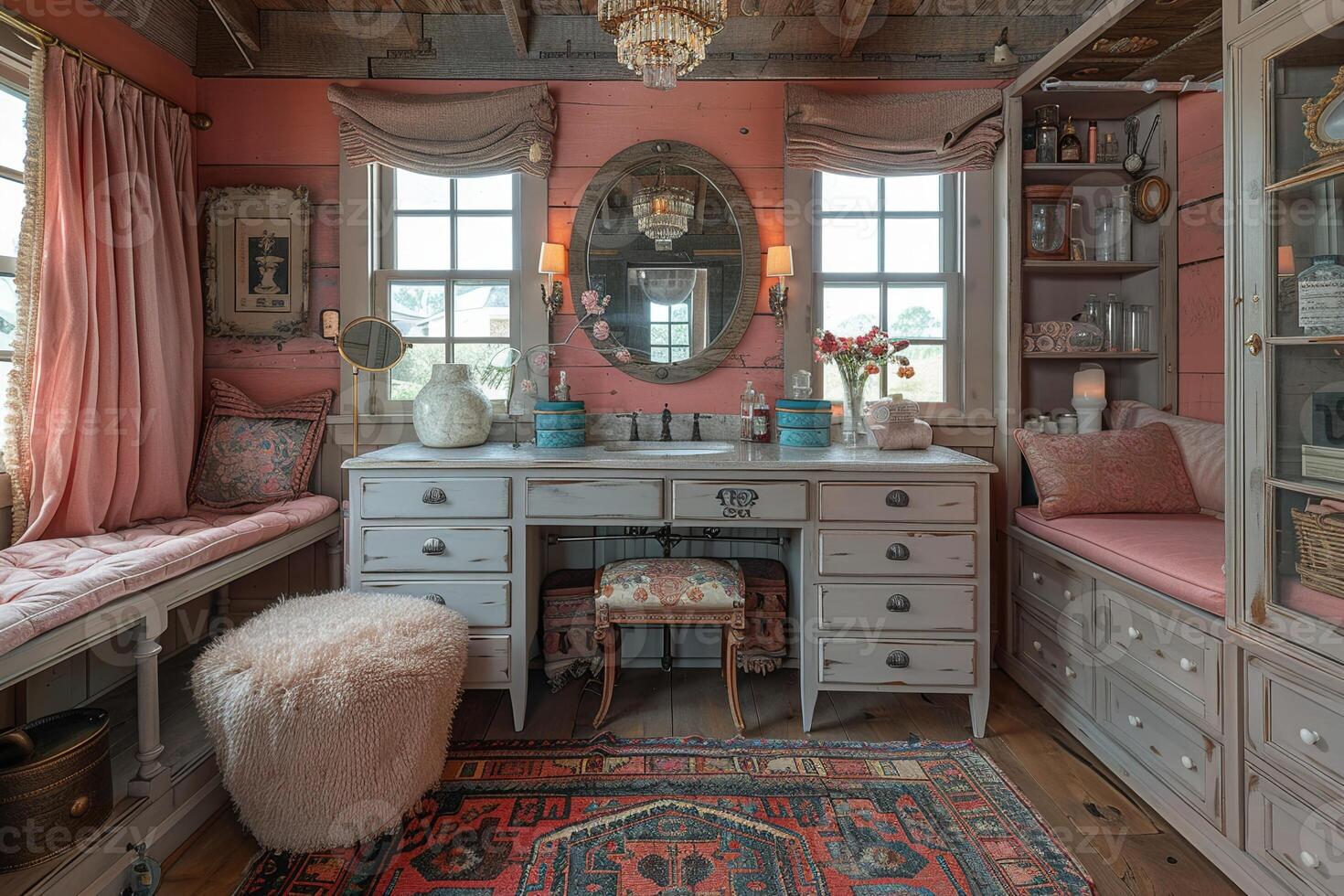 AI Generated Glamorous dressing room with a vintage vanity and soft photo