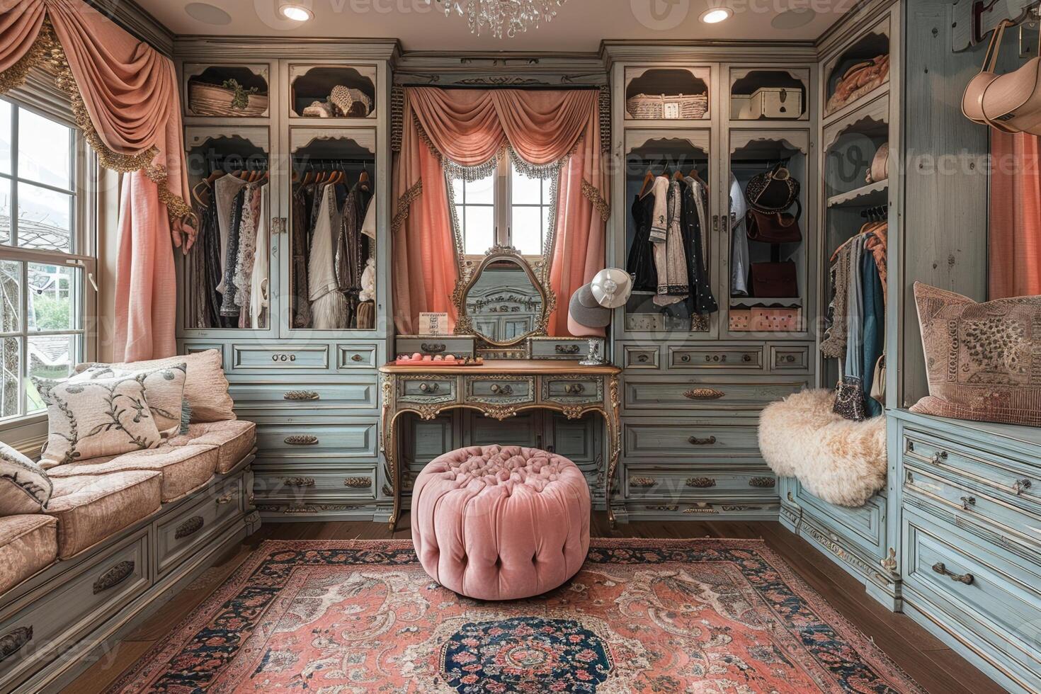 AI Generated Glamorous dressing room with a vintage vanity and soft photo