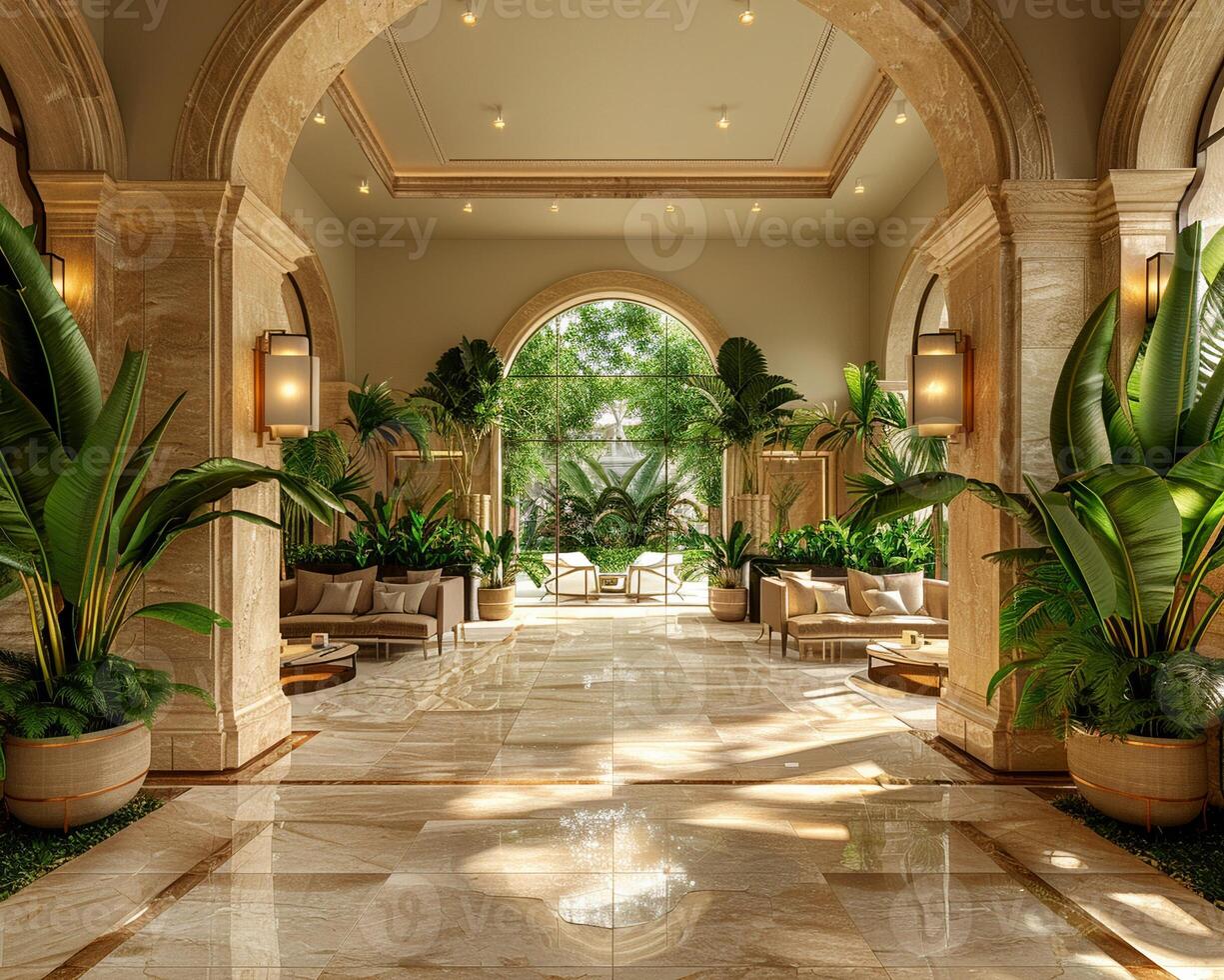 AI Generated Lavish hotel lobby with marble floors lush plants photo