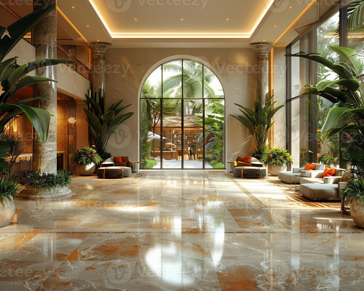 AI Generated Lavish hotel lobby with marble floors lush plants photo