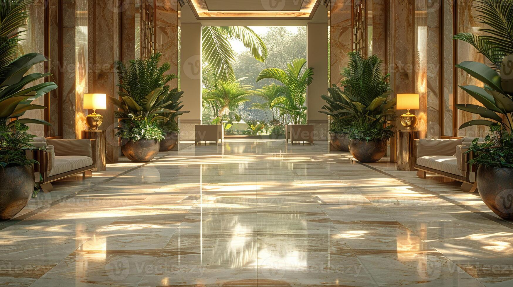 AI Generated Lavish hotel lobby with marble floors lush plants photo