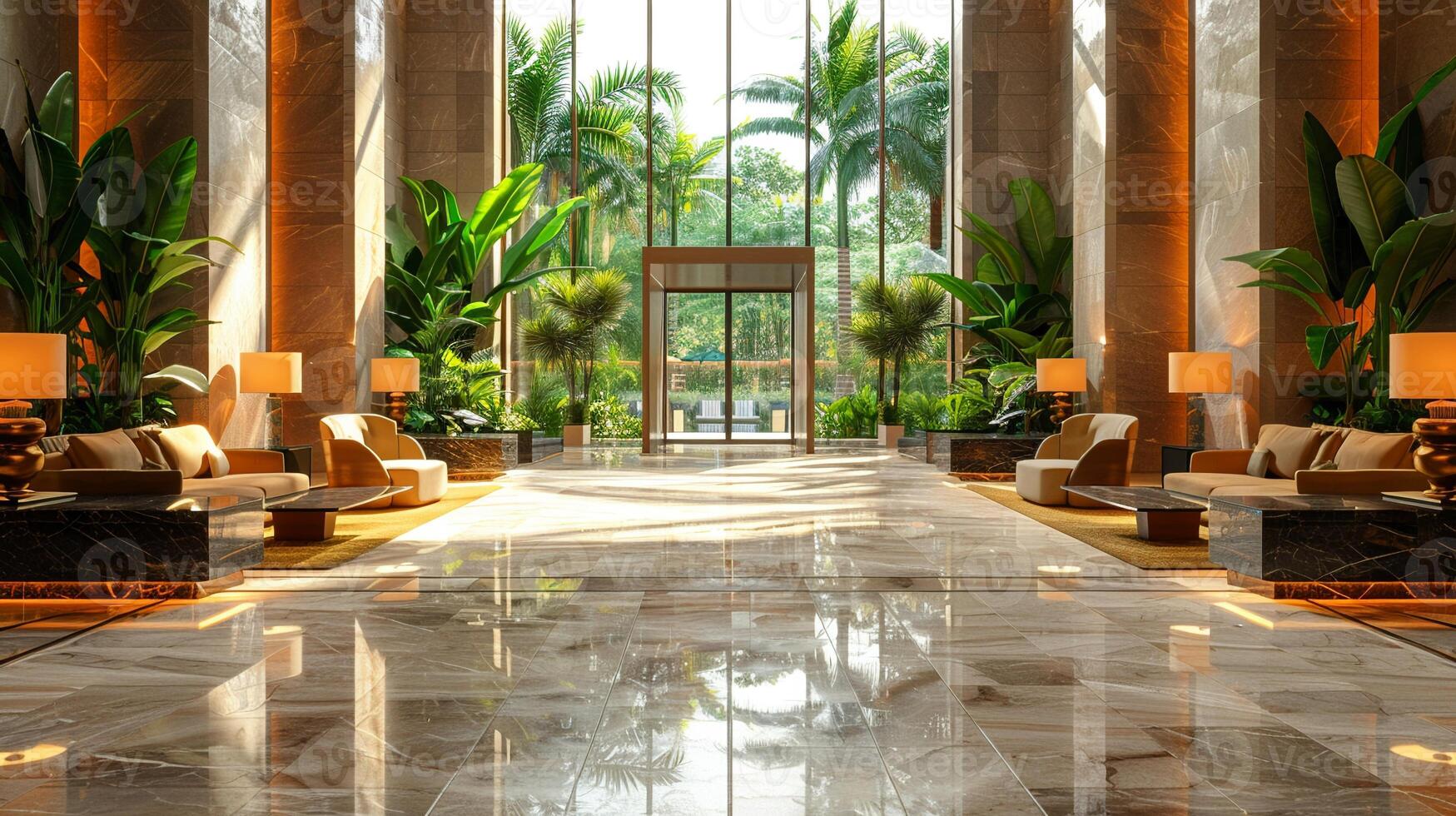 AI Generated Lavish hotel lobby with marble floors lush plants photo