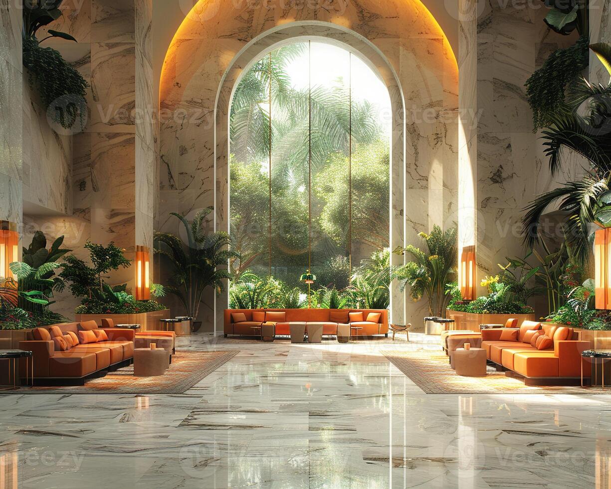 AI Generated Lavish hotel lobby with marble floors lush plants photo