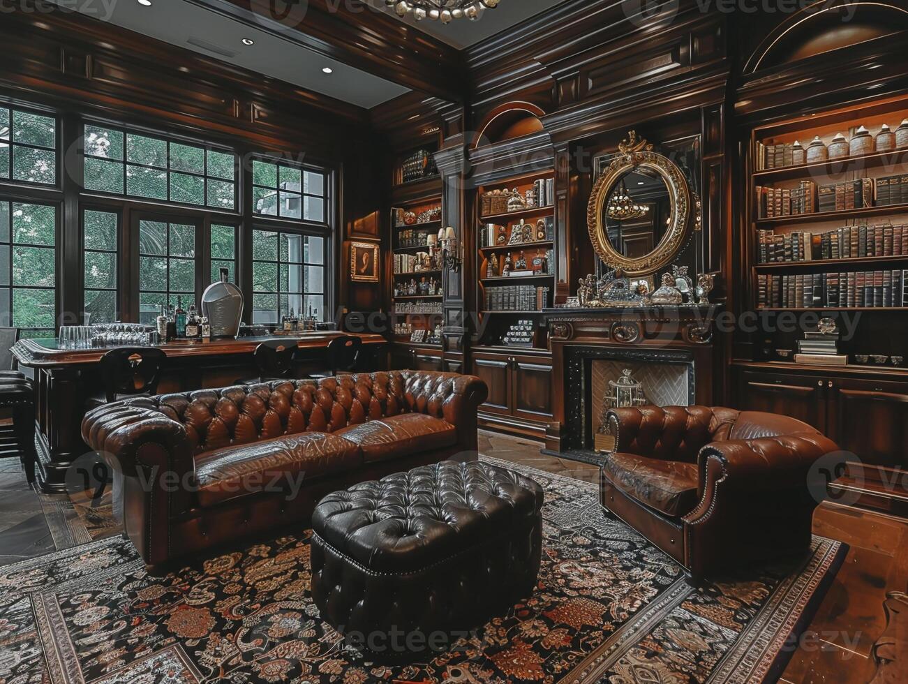AI Generated Masculine den with leather furniture dark wood photo