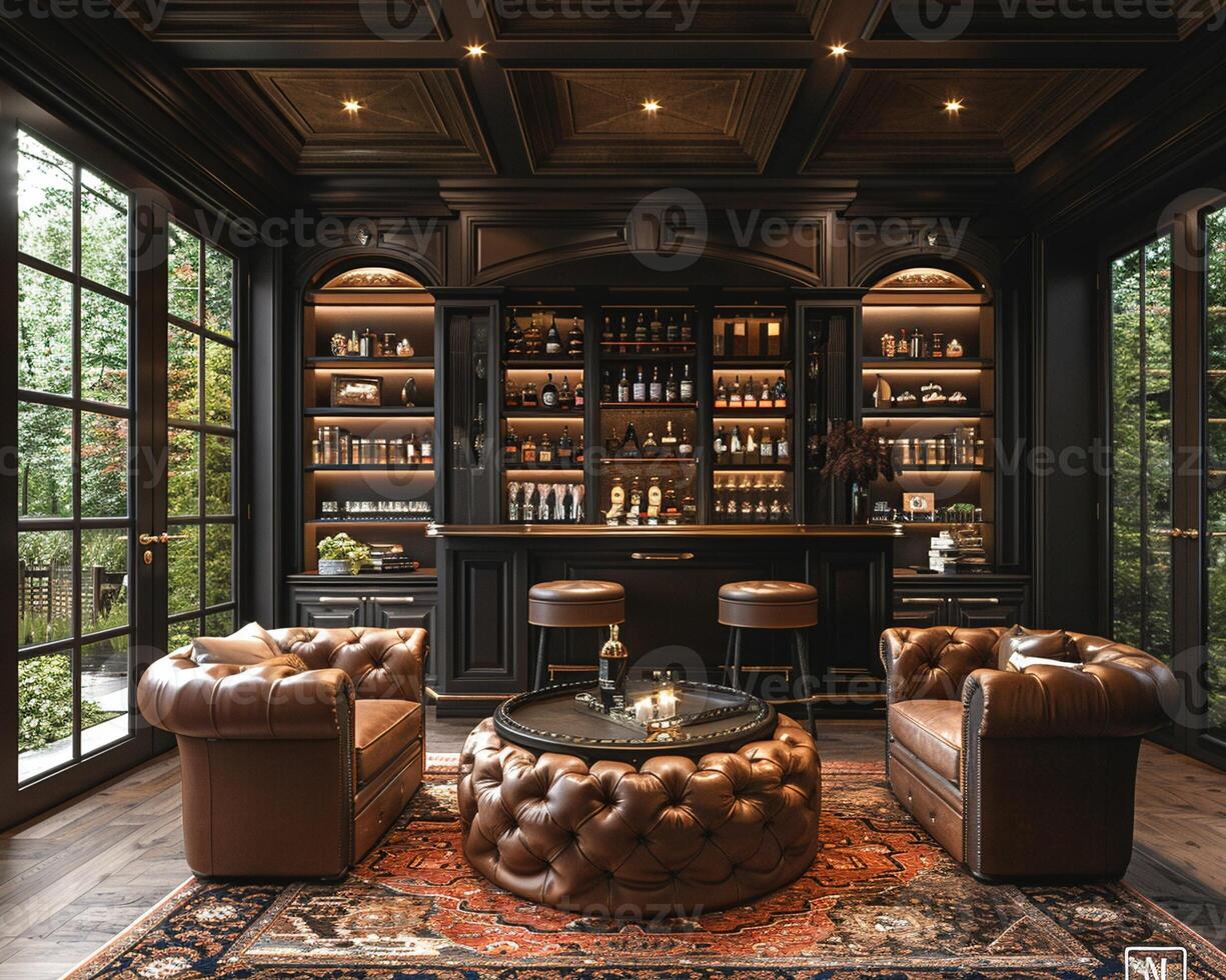AI Generated Masculine den with leather furniture dark wood photo
