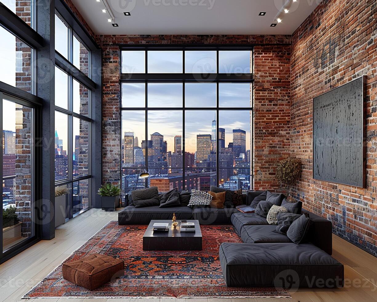 AI Generated Minimalist urban loft with exposed brick and large photo