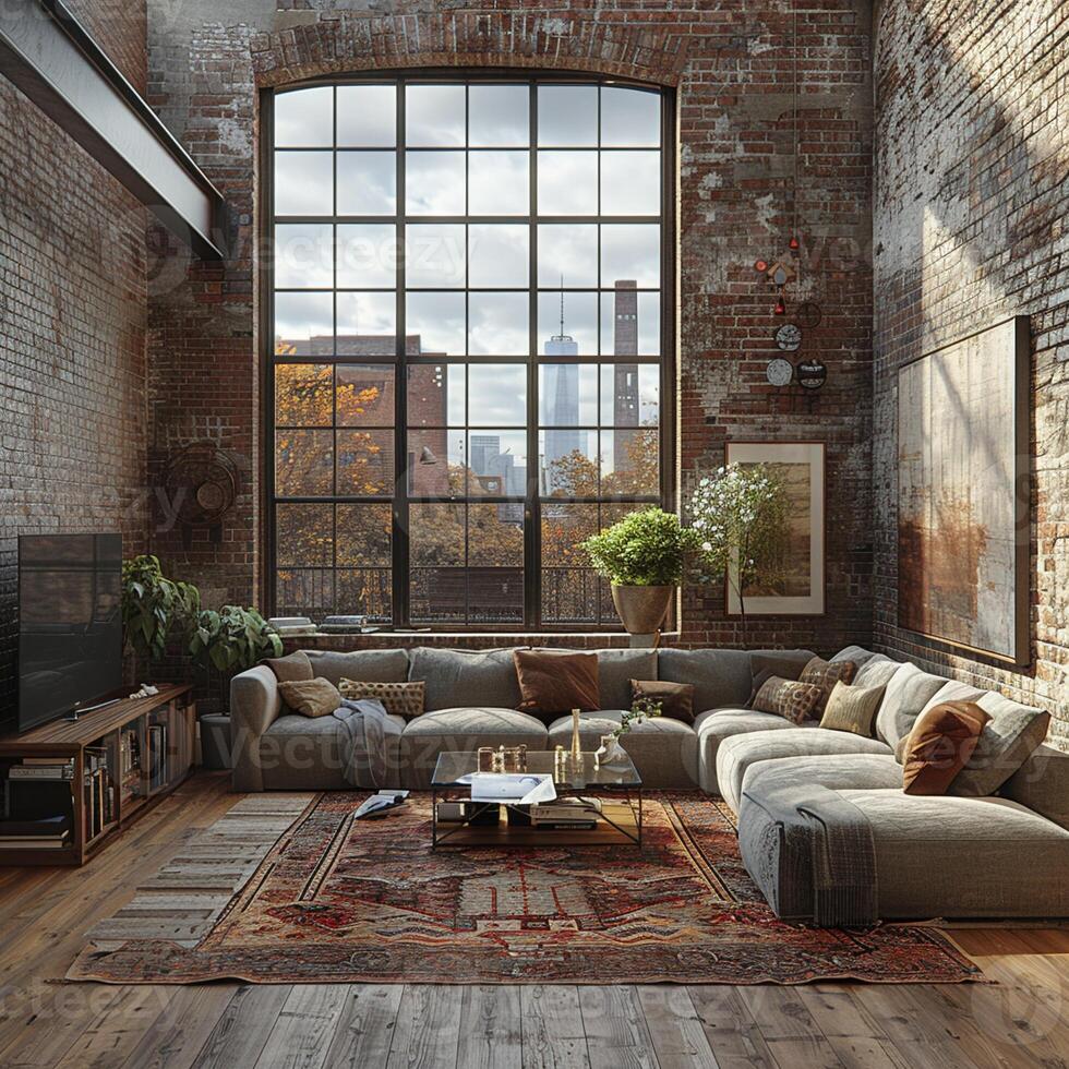 AI Generated Minimalist urban loft with exposed brick and large photo