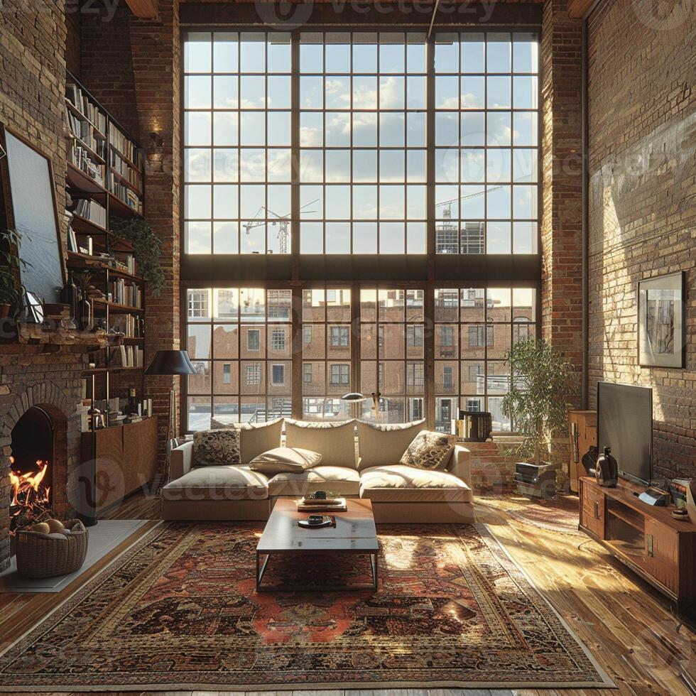 AI Generated Minimalist urban loft with exposed brick and large photo