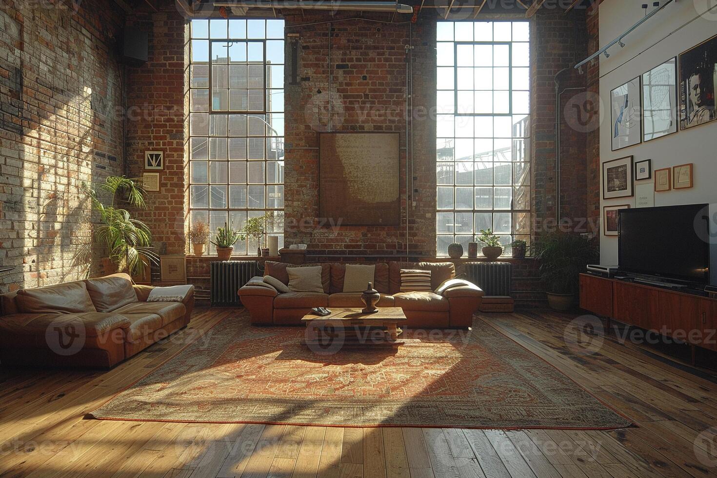 AI Generated Minimalist urban loft with exposed brick and large photo