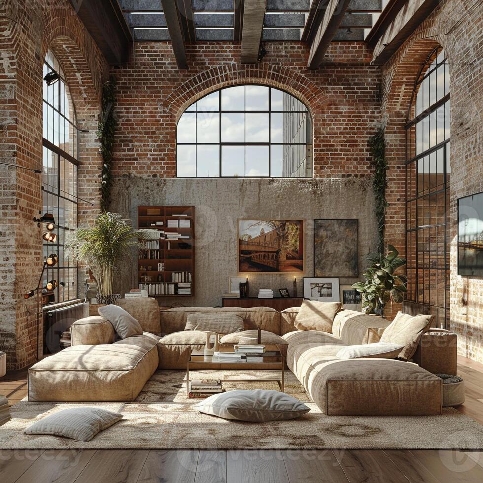 AI Generated Minimalist urban loft with exposed brick and large photo