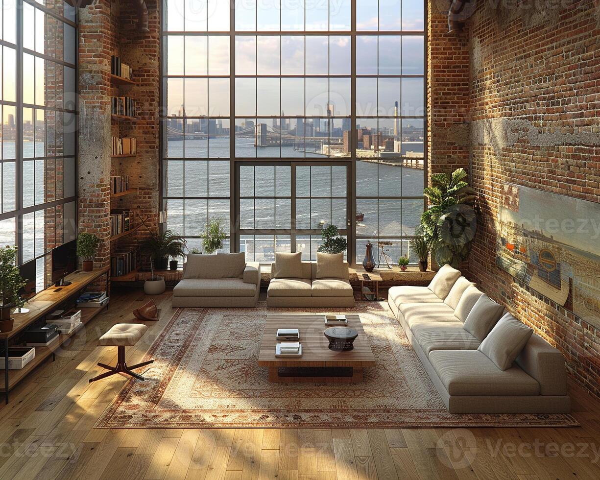 AI Generated Minimalist urban loft with exposed brick and large photo