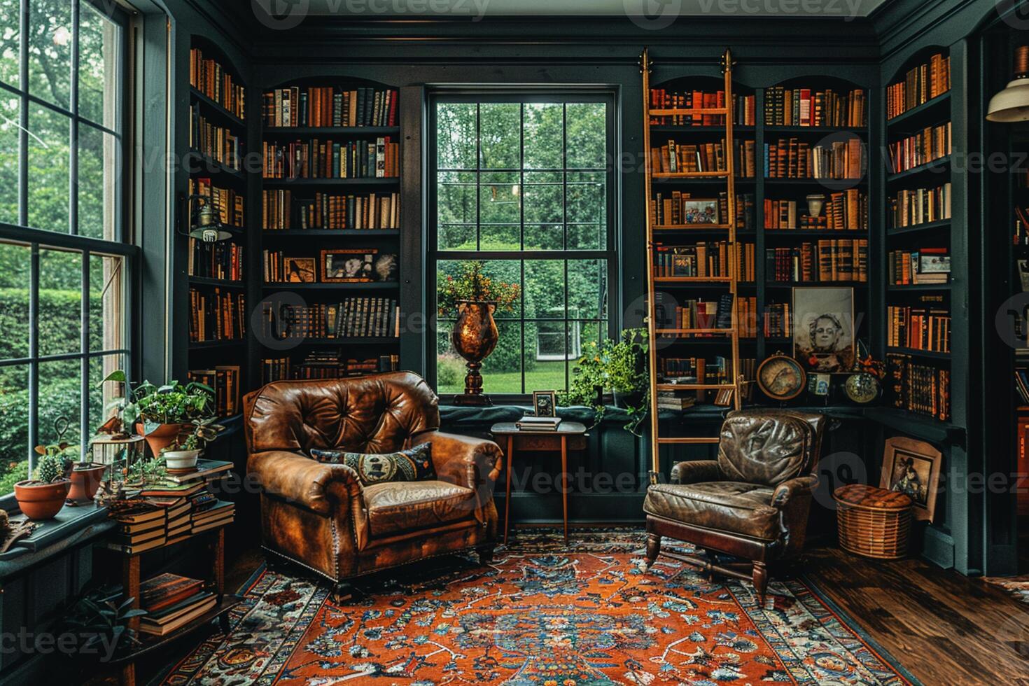 AI Generated Moody home library with dark shelves a ladder photo