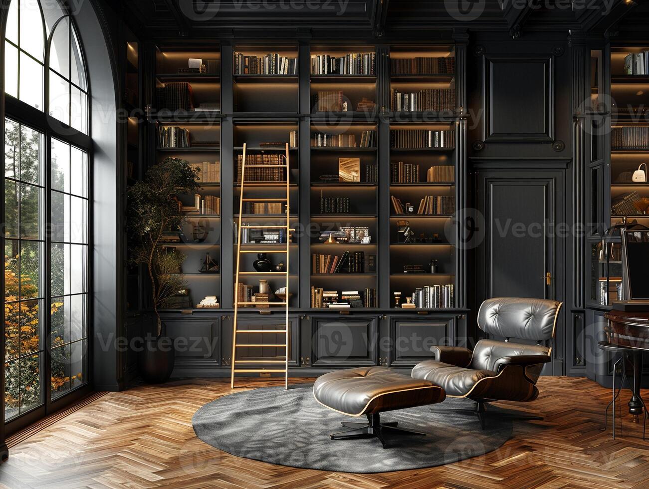 AI Generated Moody home library with dark shelves a ladder photo